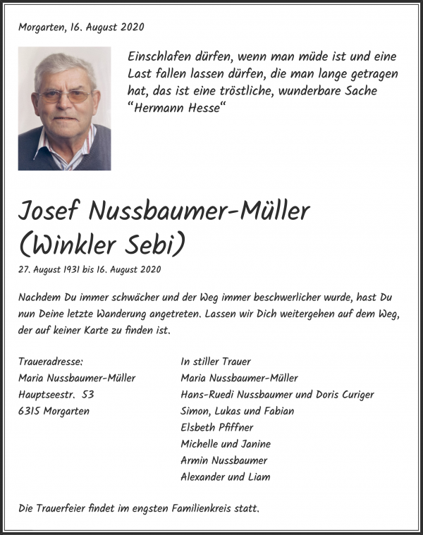 Obituary Josef Nussbaumer-Müller (Winkler Sebi), Oberägeri