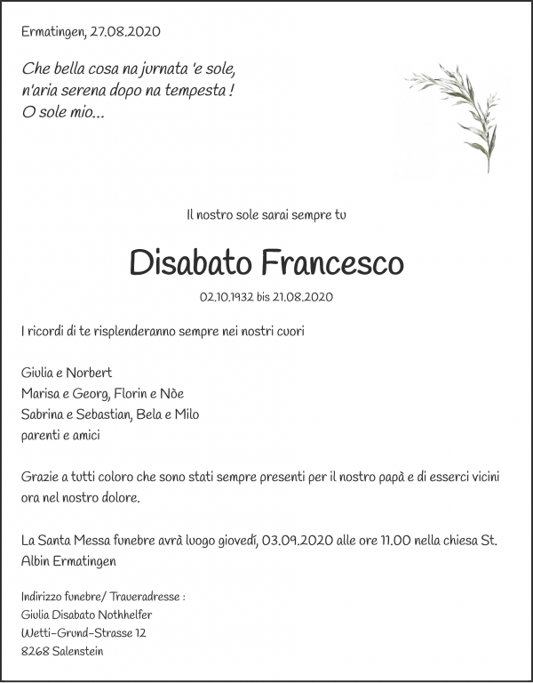 Obituary Disabato Francesco, Ermatingen