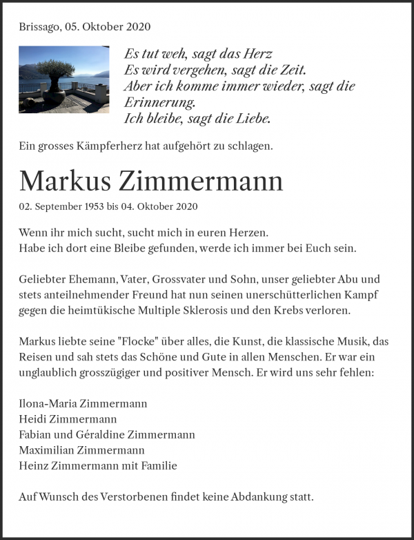 Necrologio Markus Zimmermann, Brissago