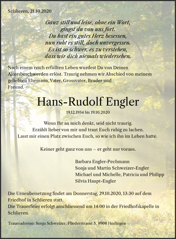 Obituary Hans-Rudolf Engler, Schlieren