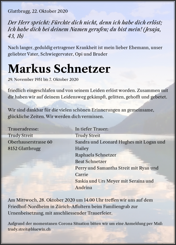 Avis de décès de Markus Schnetzer, Zuerich