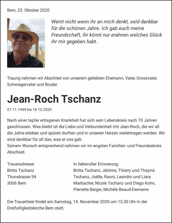 Avis de décès de Jean-Roch Tschanz, Bern