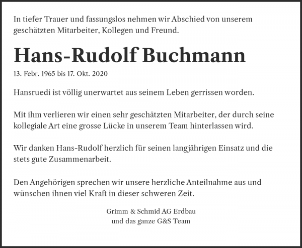 Necrologio Hans-Rudolf Buchmann, Rüti