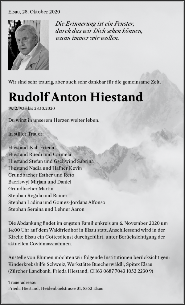 Necrologio Rudolf Anton Hiestand, Elsau