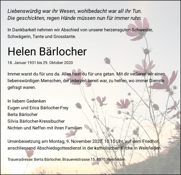 Avis de décès de Helen Bärlocher, Weinfelden