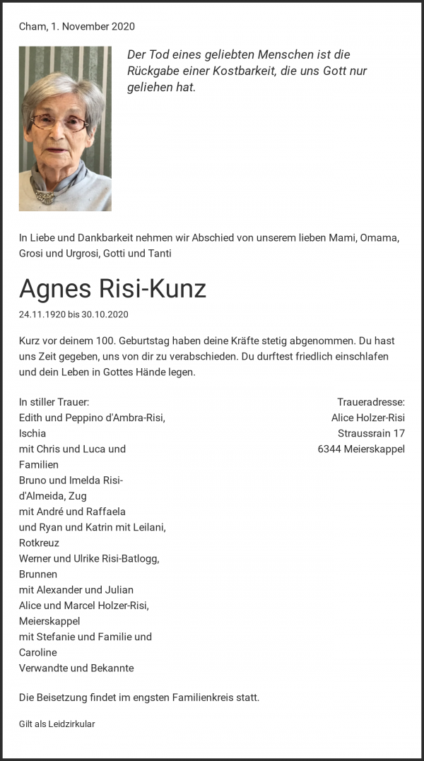 Avis de décès de Agnes Risi-Kunz, Cham