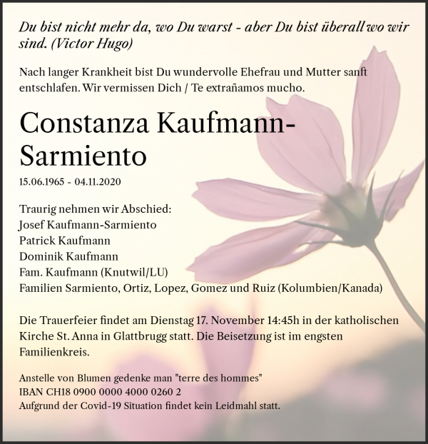 Avis de décès de Constanza Kaufmann-Sarmiento, Opfikon