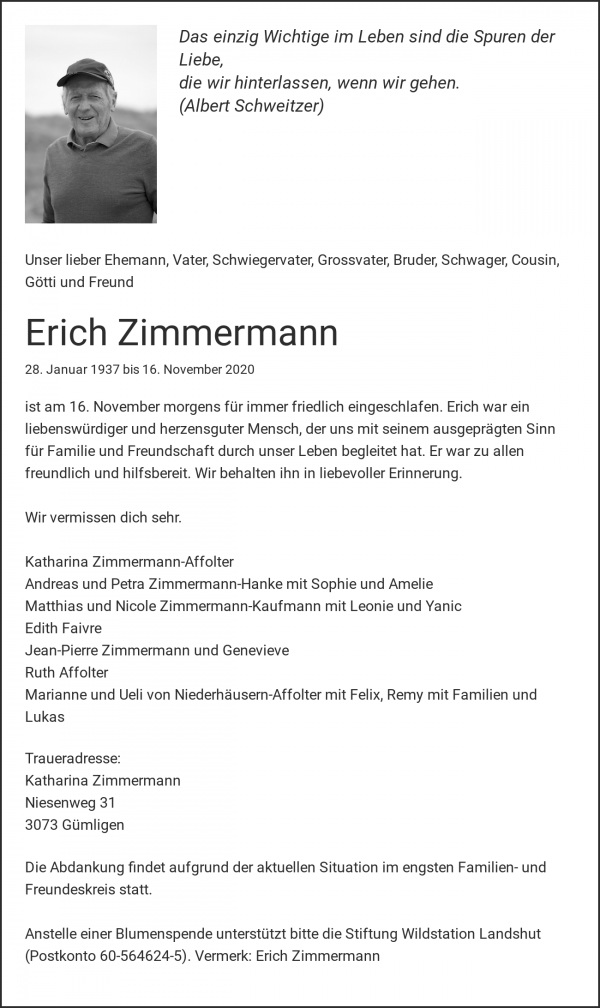 Avis de décès de Erich Zimmermann, Gümligen