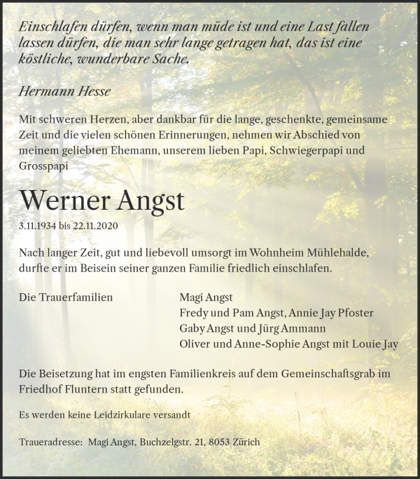 Obituary Werner Angst, Zürich