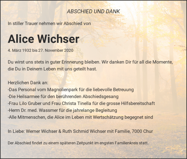 Todesanzeige von Alice Wichser, Solothurn