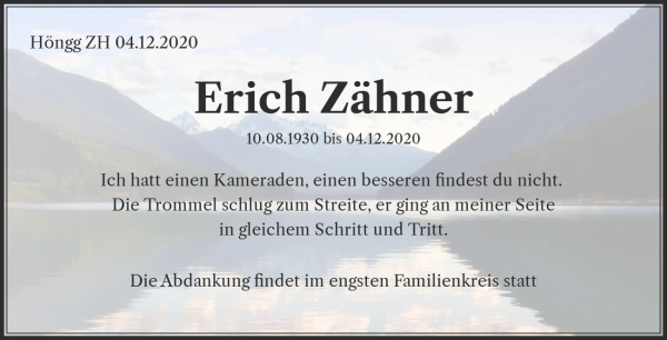 Avis de décès de Erich Zähner, Höngg