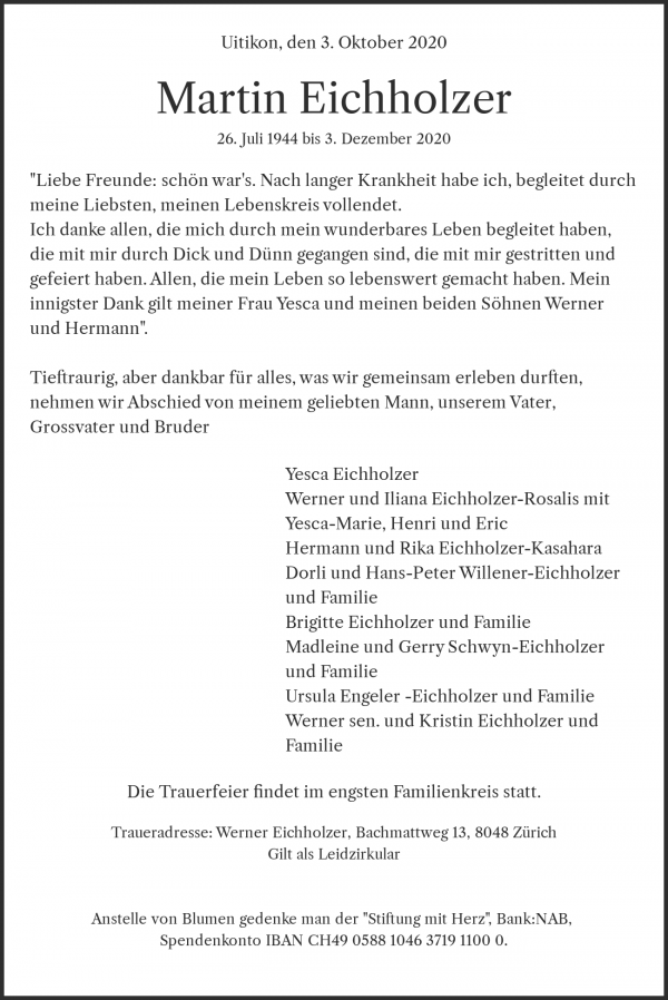 Obituary Martin Eichholzer, Uitikon-Waldegg