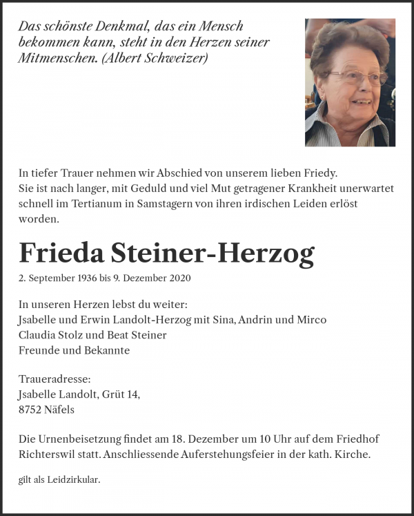 Necrologio Frieda Steiner-Herzog, Richterswil