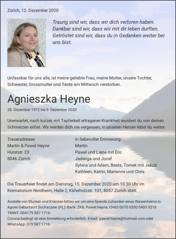 Avis de décès de Agnieszka Heyne, Zürich