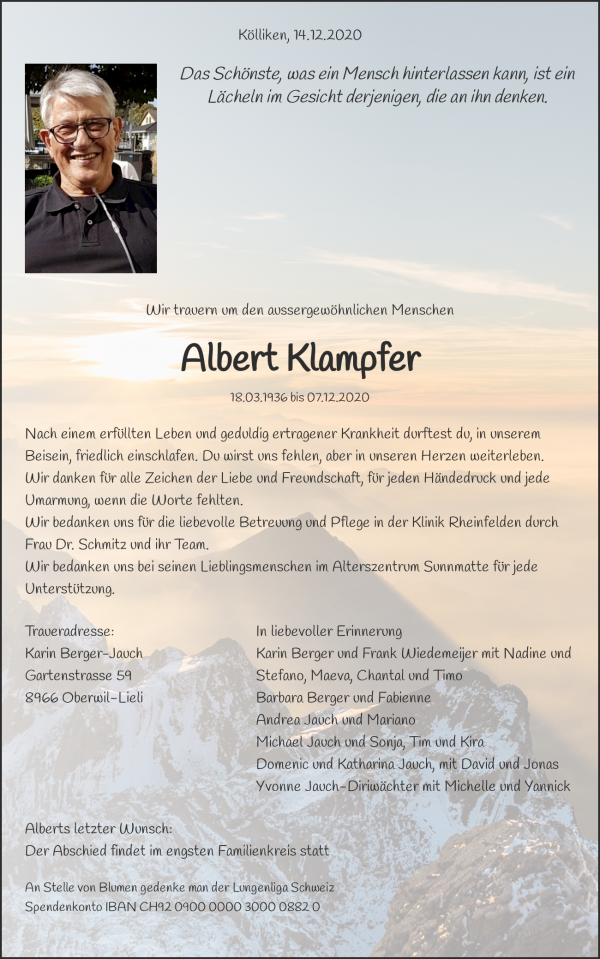 Necrologio Albert Klampfer, Kölliken