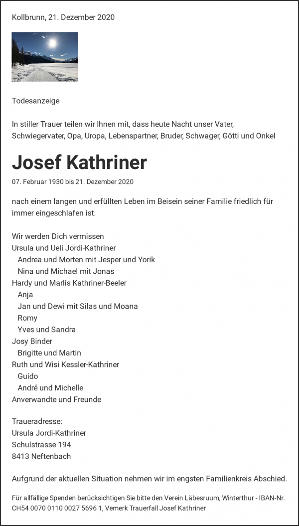 Necrologio Josef Kathriner, Kollbrunn