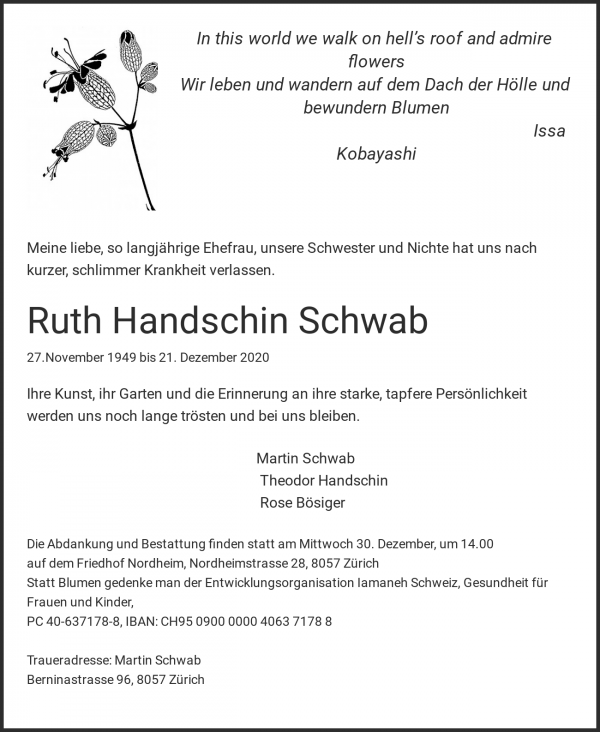 Avis de décès de Ruth Handschin Schwab, Zürich