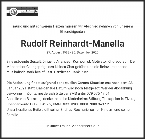 Obituary Rudolf Reinhardt-Manella, Chur