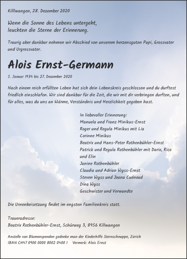 Necrologio Alois Ernst-Germann, Spreitenbach