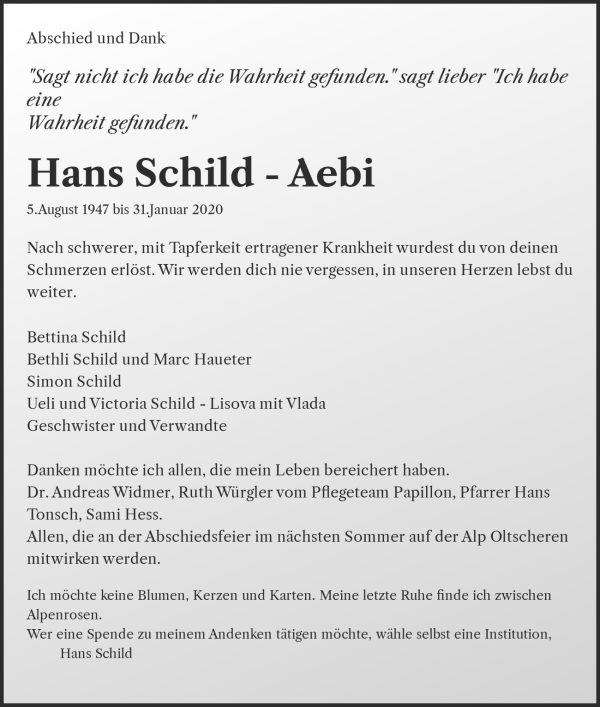 Necrologio Hans Schild - Aebi, Brienzwiler