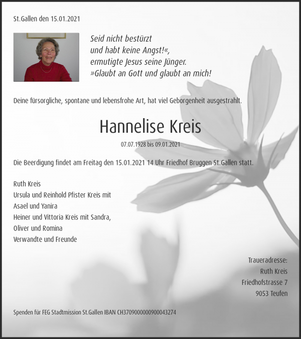 Necrologio Hannelise Kreis, 9000 St.Gallen