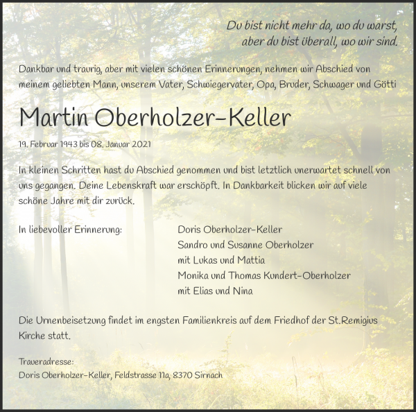 Avis de décès de Martin Oberholzer-Keller, Sirnach