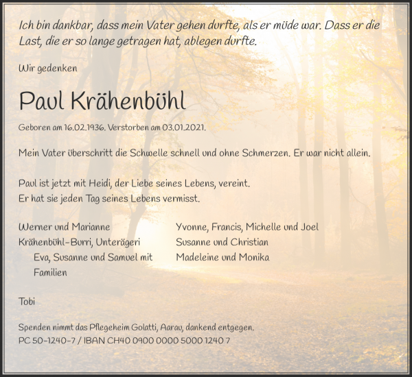 Obituary Paul Krähenbühl, Aarau