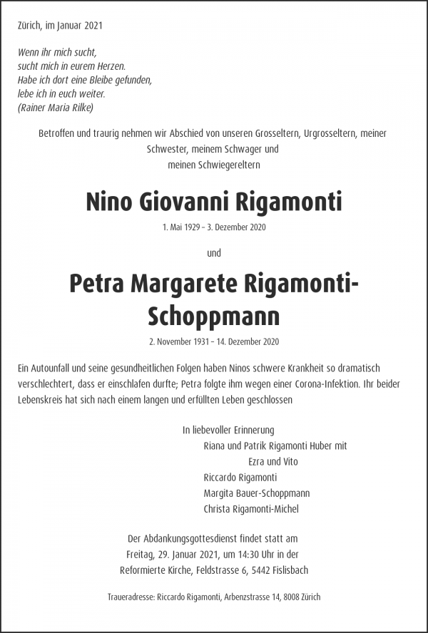 Avis de décès de Nino Giovanni Rigamonti, Fislisbach