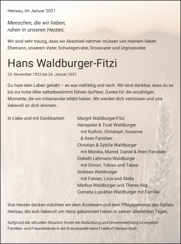 Necrologio Hans Waldburger, Herisau