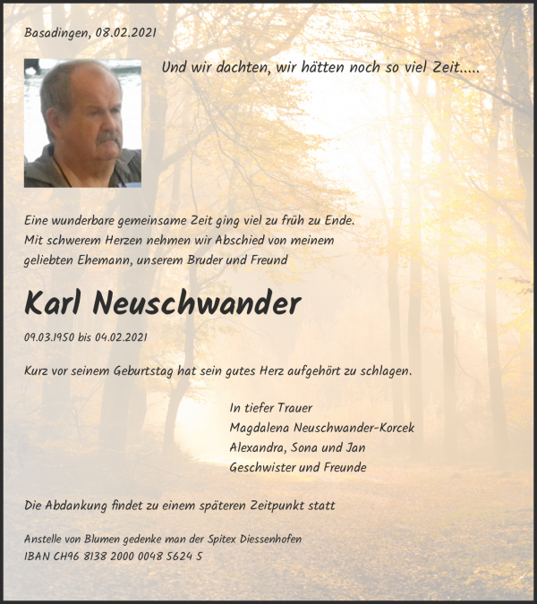 Avis de décès de Karl Neuschwander, Basadingen