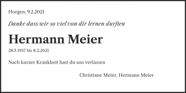 Avis de décès de Hermann Meier, Horgen