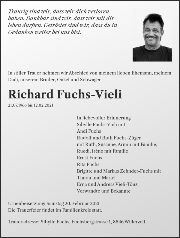 Avis de décès de Richard Fuchs-Vieli, Willerzell