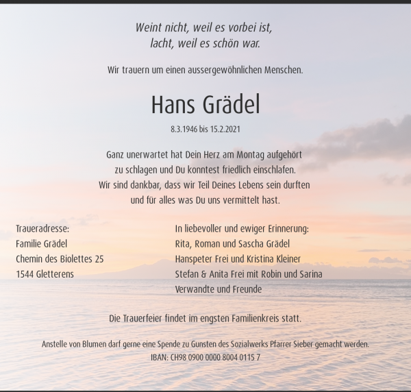 Necrologio Hans Grädel, Gletterens