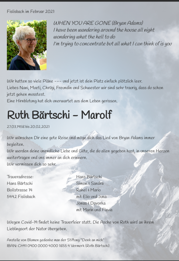 Avis de décès de Ruth Bärtschi - Marolf, Fislisbach