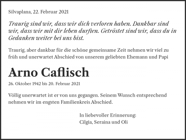 Todesanzeige von Arno Caflisch, Silvaplana