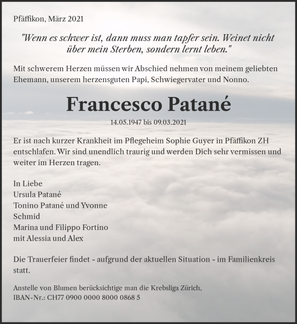 Obituary Francesco Patané, Pfäffikon