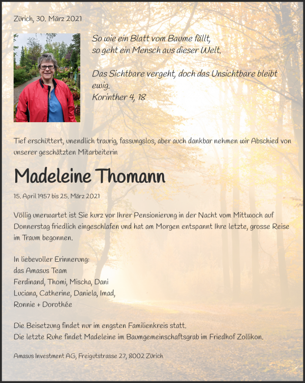 Necrologio Madeleine Thomann, Zollikon