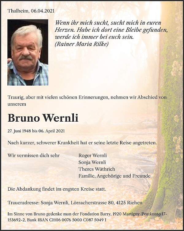 Avis de d&eacute;c&egrave;s de Bruno Wernli, Thalheim