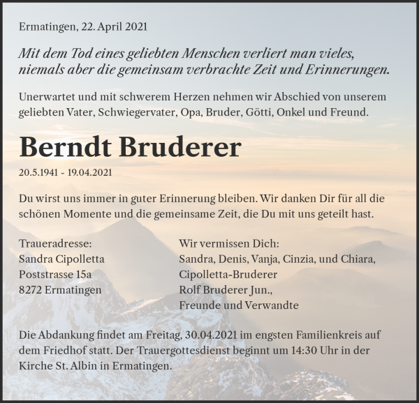 Avis de décès de Berndt Bruderer, Ermatingen