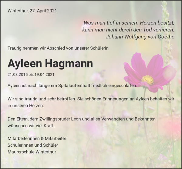 Avis de décès de Ayleen Hagmann, Winterthur