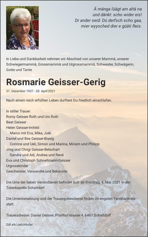 Todesanzeige von Rosmarie Geisser-Gerig, Schattdorf