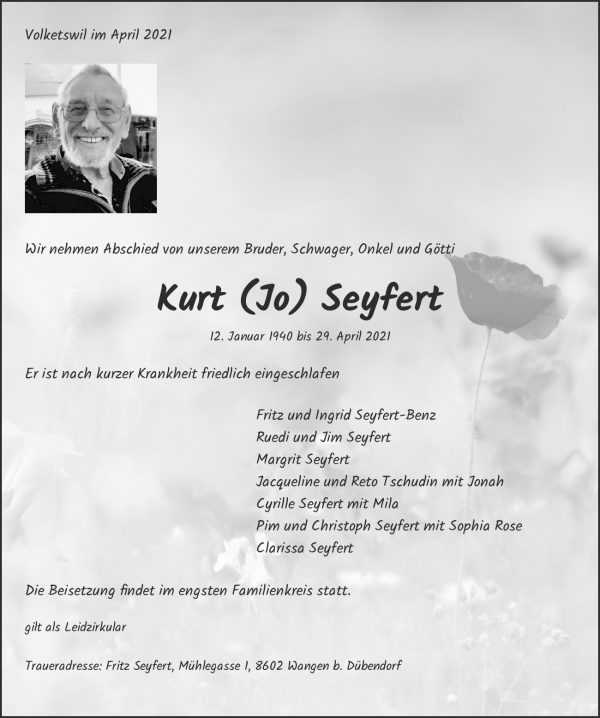 Avis de décès de Kurt (Jo) Seyfert, Volketswil