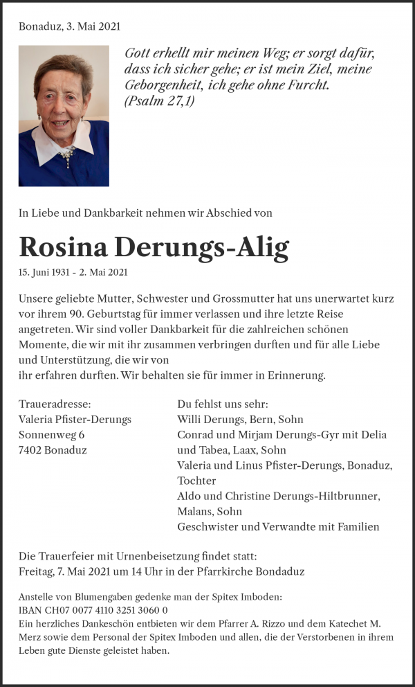 Obituary Rosina Derungs-Alig, Bonaduz