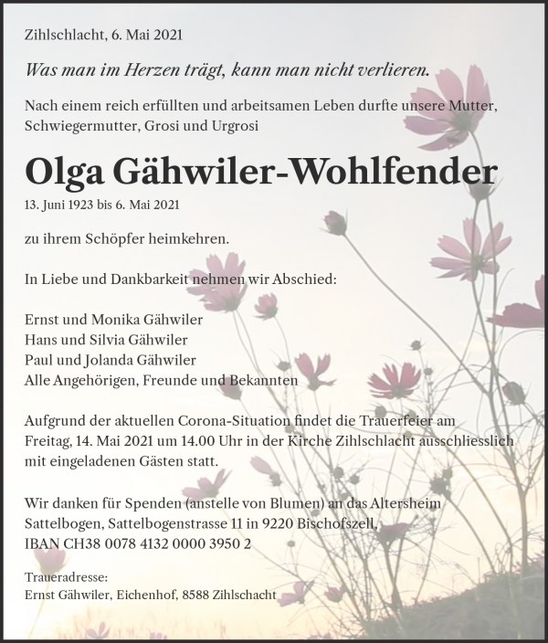 Necrologio Olga Gähwiler-Wohlfender, Zihlschlacht