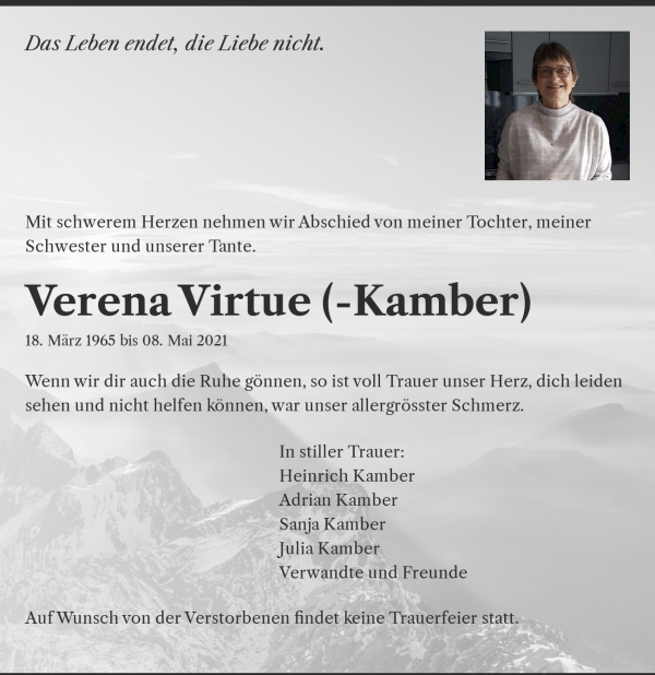 Avis de décès de Verena Virtue (-Kamber), Wynau