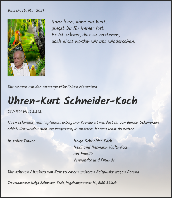 Avis de décès de Uhrenkurt Schneider-Koch, Bülach