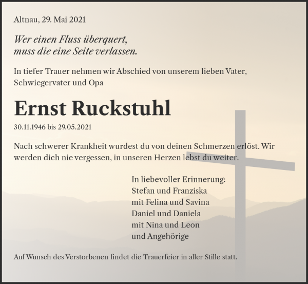 Avis de décès de Ernst Ruckstuhl, Altnau