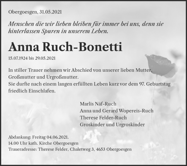 Obituary Anna Ruch-Bonetti, Niedergoesgen