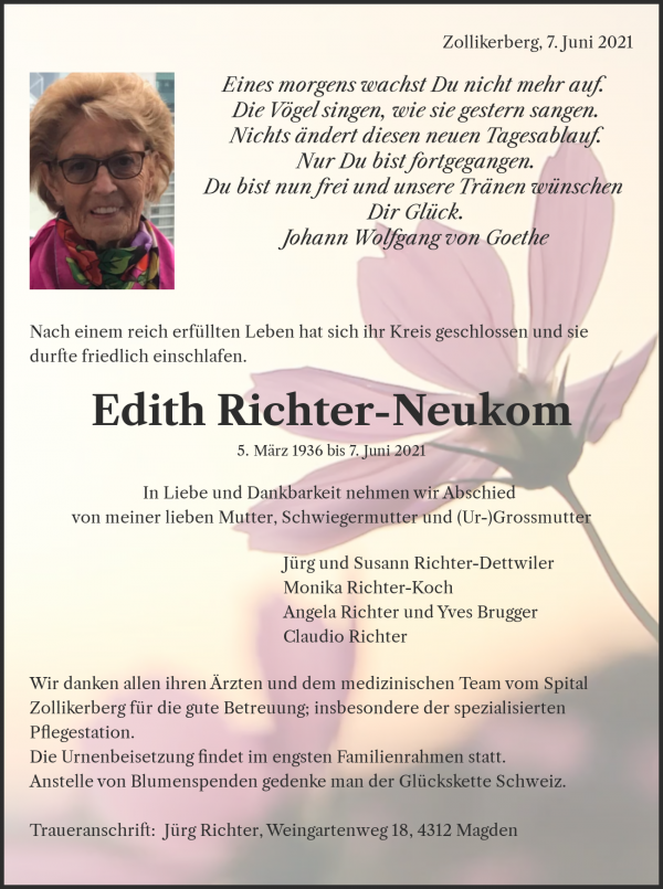 Avis de décès de Edith Richter-Neukom, Zollikerberg