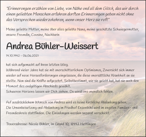 Avis de décès de Andrea Bühler-Weissert, Wallisellen